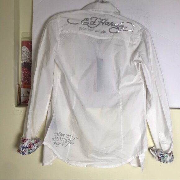 Ed Hardy NEW Vintage Logo Sequins Embroidery Shirt Floral Cotton Button Blouse S - Picture 4 of 16